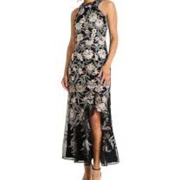 Maggy London Nissa embroidered black mesh gold halter dress gown size 10 - Picture 2 of 9